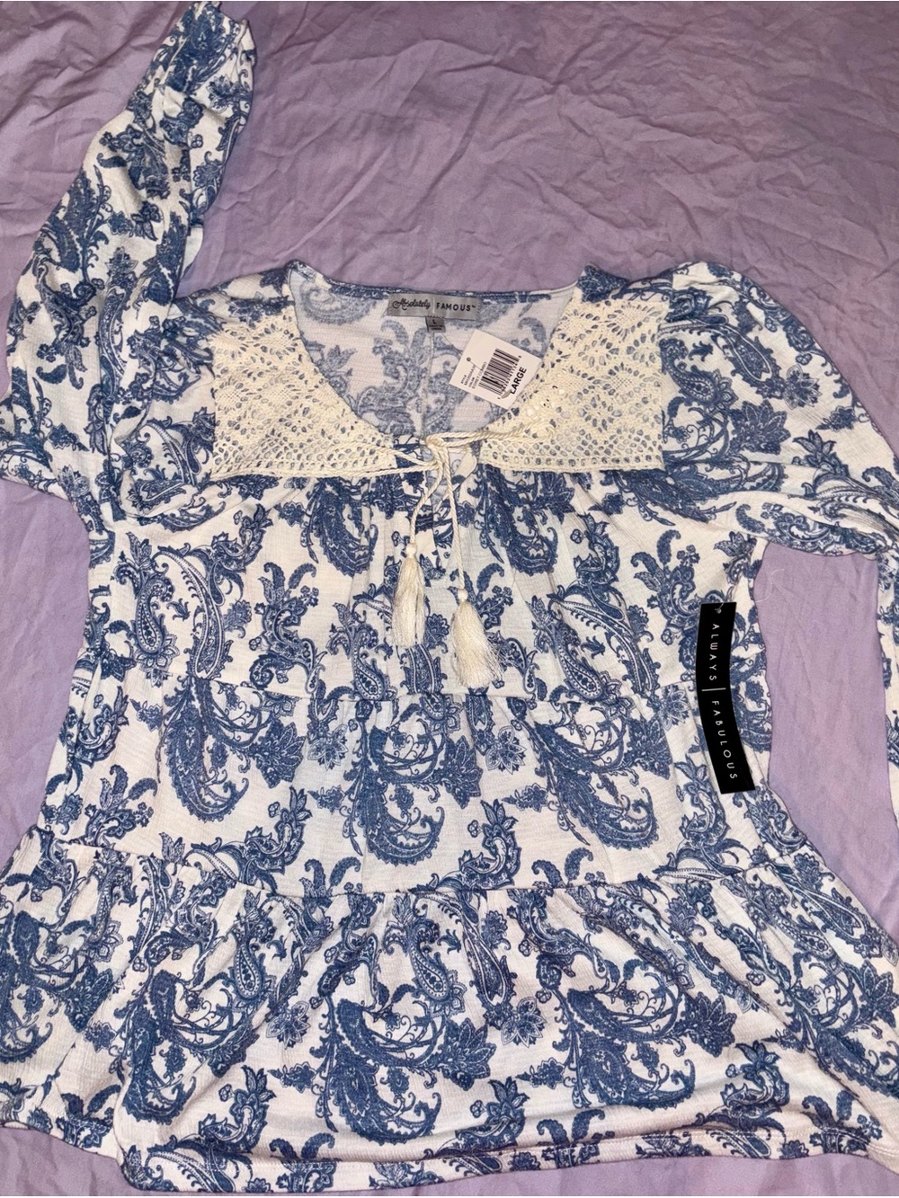 Absolutely Famous Blue Paisley Lace-Trim Peasant Tunic